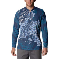 Navy Blue Polynesia Hammerhead Shark Tattoo With Plumeria Lei Button Sweatshirt LT14 - Polynesian Pride
