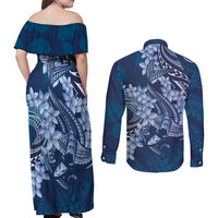 Navy Blue Polynesia Hammerhead Shark Tattoo With Plumeria Lei Couples Matching Off Shoulder Maxi Dress and Long Sleeve Button Shirt LT14 - Polynesian Pride