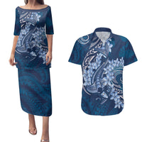 Navy Blue Polynesia Hammerhead Shark Tattoo With Plumeria Lei Couples Matching Puletasi and Hawaiian Shirt LT14 Navy Blue - Polynesian Pride