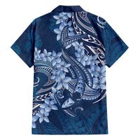 Navy Blue Polynesia Hammerhead Shark Tattoo With Plumeria Lei Family Matching Long Sleeve Bodycon Dress and Hawaiian Shirt