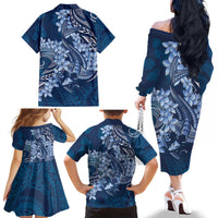 Navy Blue Polynesia Hammerhead Shark Tattoo With Plumeria Lei Family Matching Off The Shoulder Long Sleeve Dress and Hawaiian Shirt