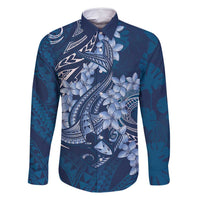 Navy Blue Polynesia Hammerhead Shark Tattoo With Plumeria Lei Family Matching Off Shoulder Short Dress and Hawaiian Shirt