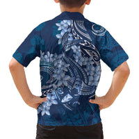 Navy Blue Polynesia Hammerhead Shark Tattoo With Plumeria Lei Family Matching Tank Maxi Dress and Hawaiian Shirt
