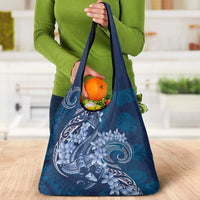 Navy Blue Polynesia Hammerhead Shark Tattoo With Plumeria Lei Grocery Bag LT14 - Polynesian Pride