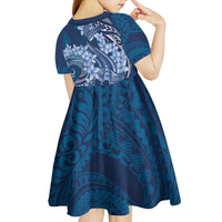 Navy Blue Polynesia Hammerhead Shark Tattoo With Plumeria Lei Kid Short Sleeve Dress LT14 - Polynesian Pride
