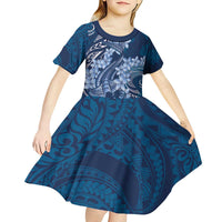 Navy Blue Polynesia Hammerhead Shark Tattoo With Plumeria Lei Kid Short Sleeve Dress LT14 - Polynesian Pride