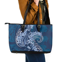 Navy Blue Polynesia Hammerhead Shark Tattoo With Plumeria Lei Leather Tote Bag