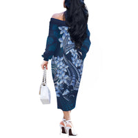 Navy Blue Polynesia Hammerhead Shark Tattoo With Plumeria Lei Off The Shoulder Long Sleeve Dress