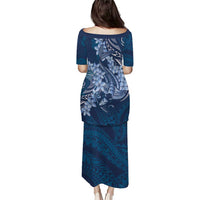 Navy Blue Polynesia Hammerhead Shark Tattoo With Plumeria Lei Puletasi