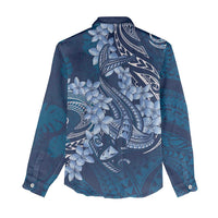 Navy Blue Polynesia Hammerhead Shark Tattoo With Plumeria Lei Women Casual Shirt