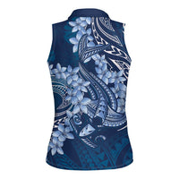 Navy Blue Polynesia Hammerhead Shark Tattoo With Plumeria Lei Women Sleeveless Polo Shirt