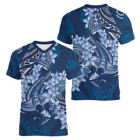 Navy Blue Polynesia Hammerhead Shark Tattoo With Plumeria Lei Women V-Neck T-Shirt