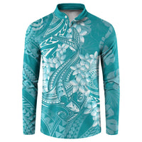 Teal Polynesia Hammerhead Shark Tattoo With Plumeria Lei Button Sweatshirt LT14 Teal - Polynesian Pride