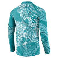 Teal Polynesia Hammerhead Shark Tattoo With Plumeria Lei Button Sweatshirt LT14 - Polynesian Pride