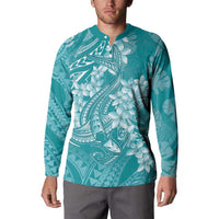 Teal Polynesia Hammerhead Shark Tattoo With Plumeria Lei Button Sweatshirt LT14 - Polynesian Pride