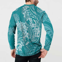 Teal Polynesia Hammerhead Shark Tattoo With Plumeria Lei Button Sweatshirt LT14 - Polynesian Pride