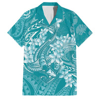 Teal Polynesia Hammerhead Shark Tattoo With Plumeria Lei Family Matching Long Sleeve Bodycon Dress and Hawaiian Shirt