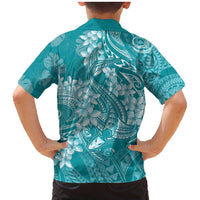 Teal Polynesia Hammerhead Shark Tattoo With Plumeria Lei Family Matching Mermaid Dress and Hawaiian Shirt