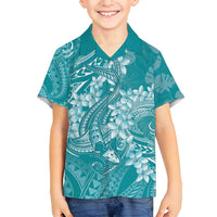 Teal Polynesia Hammerhead Shark Tattoo With Plumeria Lei Family Matching Off Shoulder Maxi Dress and Hawaiian Shirt