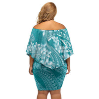 Teal Polynesia Hammerhead Shark Tattoo With Plumeria Lei Family Matching Off Shoulder Short Dress and Hawaiian Shirt