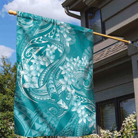 Teal Polynesia Hammerhead Shark Tattoo With Plumeria Lei Garden Flag