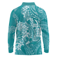 Teal Polynesia Hammerhead Shark Tattoo With Plumeria Lei Long Sleeve Polo Shirt