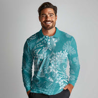 Teal Polynesia Hammerhead Shark Tattoo With Plumeria Lei Long Sleeve Polo Shirt