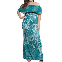 Teal Polynesia Hammerhead Shark Tattoo With Plumeria Lei Off Shoulder Maxi Dress