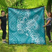 Teal Polynesia Hammerhead Shark Tattoo With Plumeria Lei Quilt