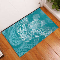 Teal Polynesia Hammerhead Shark Tattoo With Plumeria Lei Rubber Doormat LT14 - Polynesian Pride