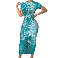 Teal Polynesia Hammerhead Shark Tattoo With Plumeria Lei Short Sleeve Bodycon Dress