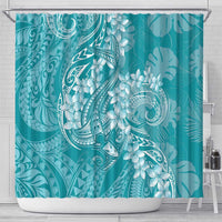 Teal Polynesia Hammerhead Shark Tattoo With Plumeria Lei Shower Curtain