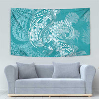 Teal Polynesia Hammerhead Shark Tattoo With Plumeria Lei Tapestry