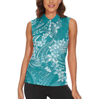 Teal Polynesia Hammerhead Shark Tattoo With Plumeria Lei Women Sleeveless Polo Shirt
