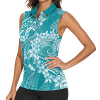 Teal Polynesia Hammerhead Shark Tattoo With Plumeria Lei Women Sleeveless Polo Shirt
