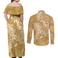 Yellow Polynesia Hammerhead Shark Tattoo With Plumeria Lei Couples Matching Off Shoulder Maxi Dress and Long Sleeve Button Shirt