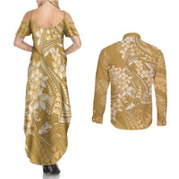 Yellow Polynesia Hammerhead Shark Tattoo With Plumeria Lei Couples Matching Summer Maxi Dress and Long Sleeve Button Shirt LT14 - Polynesian Pride
