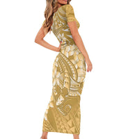 Yellow Polynesia Hammerhead Shark Tattoo With Plumeria Lei Family Matching Short Sleeve Bodycon Dress and Hawaiian Shirt