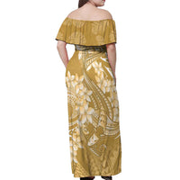 Yellow Polynesia Hammerhead Shark Tattoo With Plumeria Lei Off Shoulder Maxi Dress
