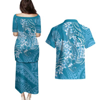 Blue Polynesia Hammerhead Shark Tattoo With Plumeria Lei Couples Matching Puletasi and Hawaiian Shirt LT14 - Polynesian Pride