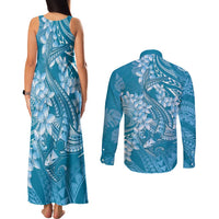 Blue Polynesia Hammerhead Shark Tattoo With Plumeria Lei Couples Matching Tank Maxi Dress and Long Sleeve Button Shirt LT14 - Polynesian Pride