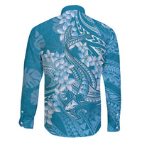 Blue Polynesia Hammerhead Shark Tattoo With Plumeria Lei Family Matching Off Shoulder Short Dress and Hawaiian Shirt