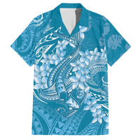 Blue Polynesia Hammerhead Shark Tattoo With Plumeria Lei Family Matching Short Sleeve Bodycon Dress and Hawaiian Shirt