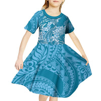 Blue Polynesia Hammerhead Shark Tattoo With Plumeria Lei Kid Short Sleeve Dress LT14 - Polynesian Pride
