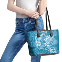 Blue Polynesia Hammerhead Shark Tattoo With Plumeria Lei Leather Tote Bag