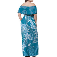 Blue Polynesia Hammerhead Shark Tattoo With Plumeria Lei Off Shoulder Maxi Dress