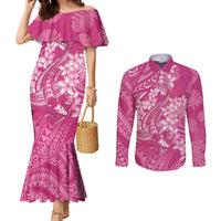 Pink Polynesia Hammerhead Shark Tattoo With Plumeria Lei Couples Matching Mermaid Dress and Long Sleeve Button Shirt LT14 Pink - Polynesian Pride