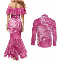 Pink Polynesia Hammerhead Shark Tattoo With Plumeria Lei Couples Matching Mermaid Dress and Long Sleeve Button Shirt LT14 - Polynesian Pride