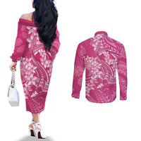 Pink Polynesia Hammerhead Shark Tattoo With Plumeria Lei Couples Matching Off The Shoulder Long Sleeve Dress and Long Sleeve Button Shirt