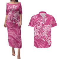 Pink Polynesia Hammerhead Shark Tattoo With Plumeria Lei Couples Matching Puletasi and Hawaiian Shirt LT14 Pink - Polynesian Pride